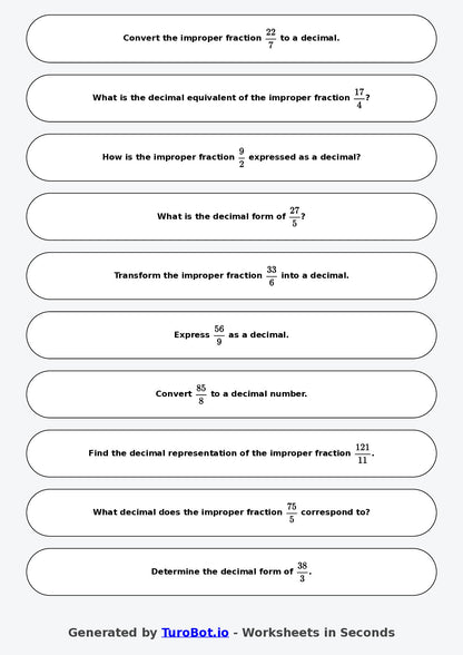 Year 9 Math Worksheet – Improper Fractions to Decimals