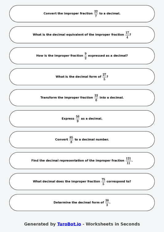 Year 9 Math Worksheet – Improper Fractions to Decimals