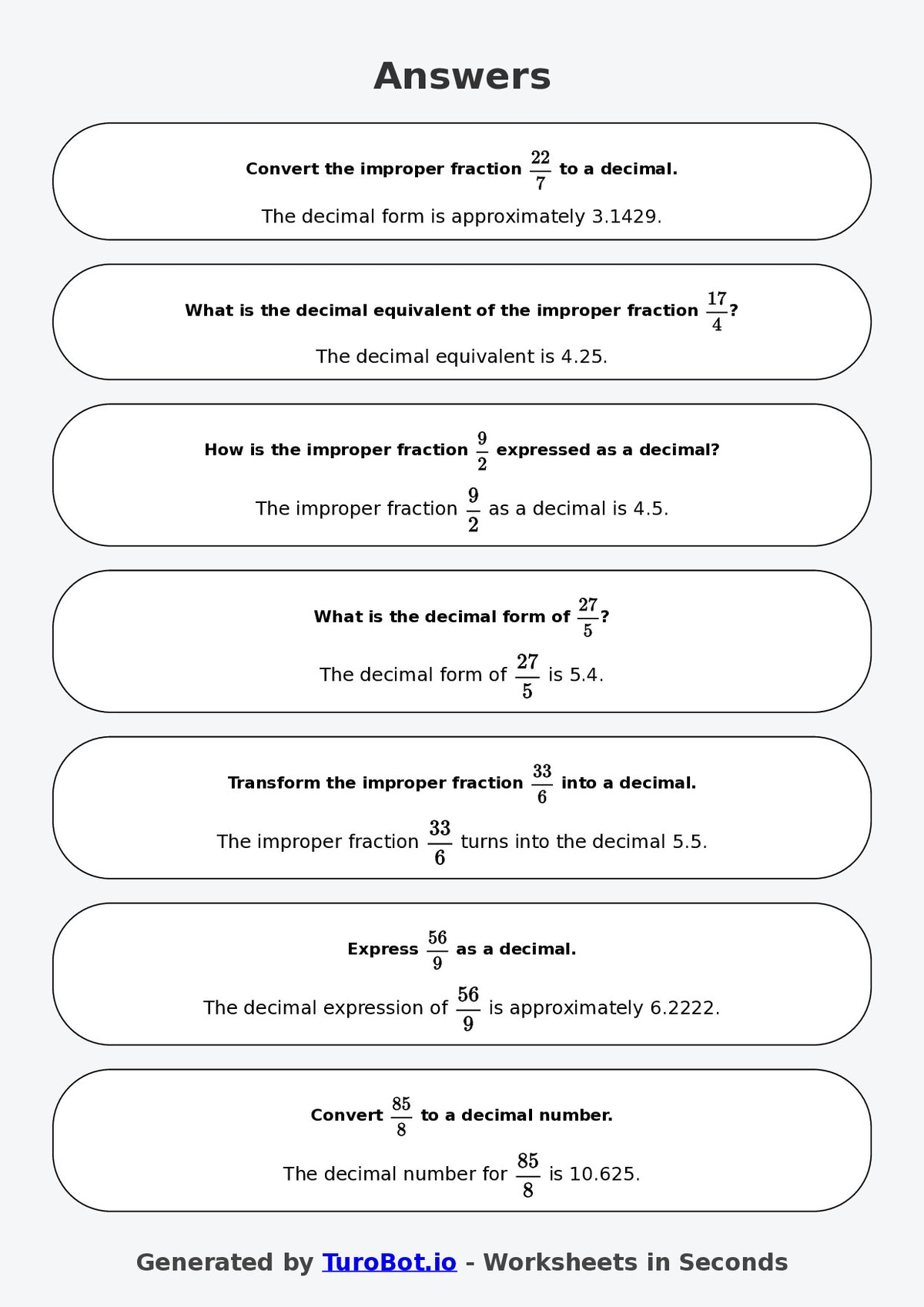 Year 9 Math Worksheet – Improper Fractions to Decimals