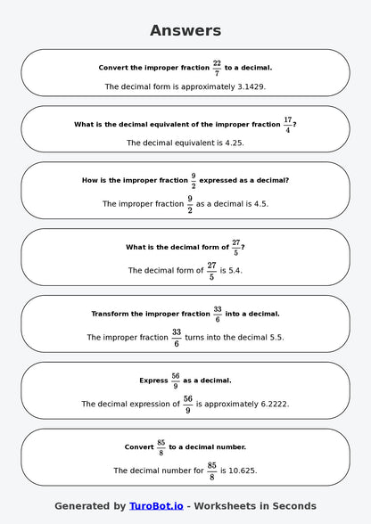 Year 9 Math Worksheet – Improper Fractions to Decimals