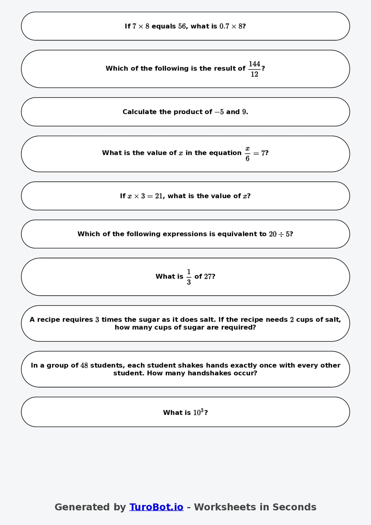 Year 9 Math Worksheet – Integer Multiplication and Division