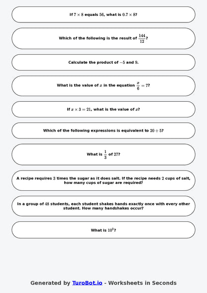 Year 9 Math Worksheet – Integer Multiplication and Division