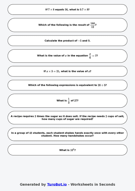 Year 9 Math Worksheet – Integer Multiplication and Division