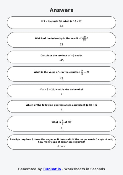 Year 9 Math Worksheet – Integer Multiplication and Division