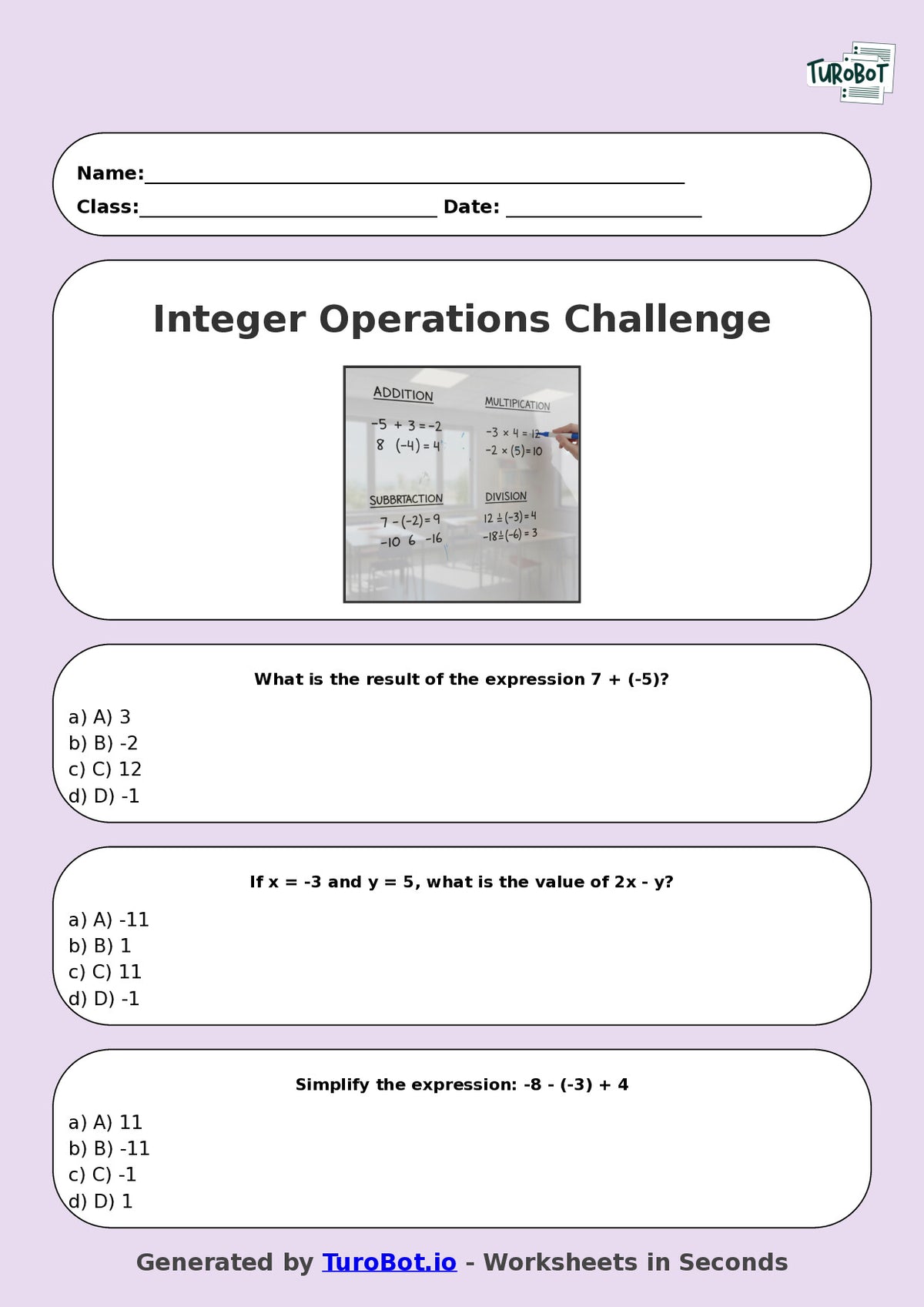 Year 9 Math Multiple Choice Worksheet – Integer Operations Challenge