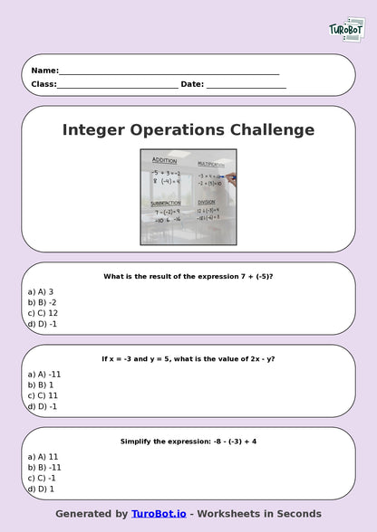Year 9 Math Multiple Choice Worksheet – Integer Operations Challenge