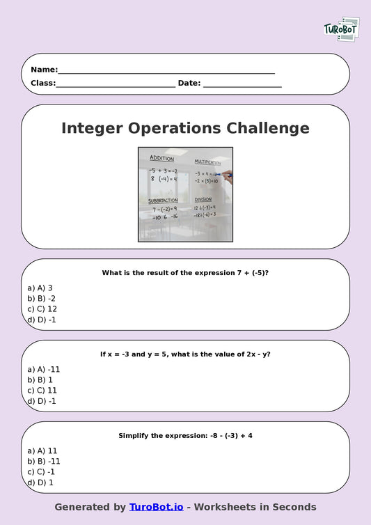 Year 9 Math Multiple Choice Worksheet – Integer Operations Challenge