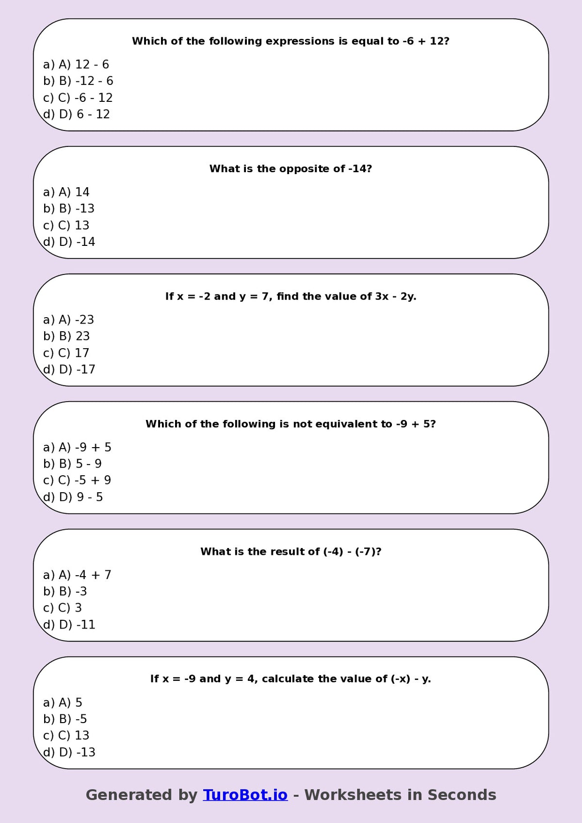 Year 9 Math Multiple Choice Worksheet – Integer Operations Challenge
