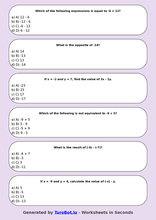 Year 9 Math Multiple Choice Worksheet – Integer Operations Challenge