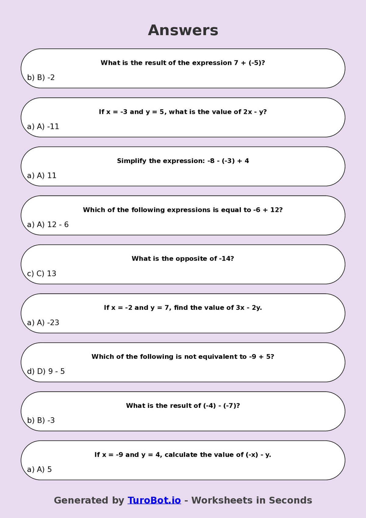 Year 9 Math Multiple Choice Worksheet – Integer Operations Challenge