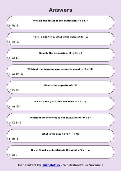 Year 9 Math Multiple Choice Worksheet – Integer Operations Challenge