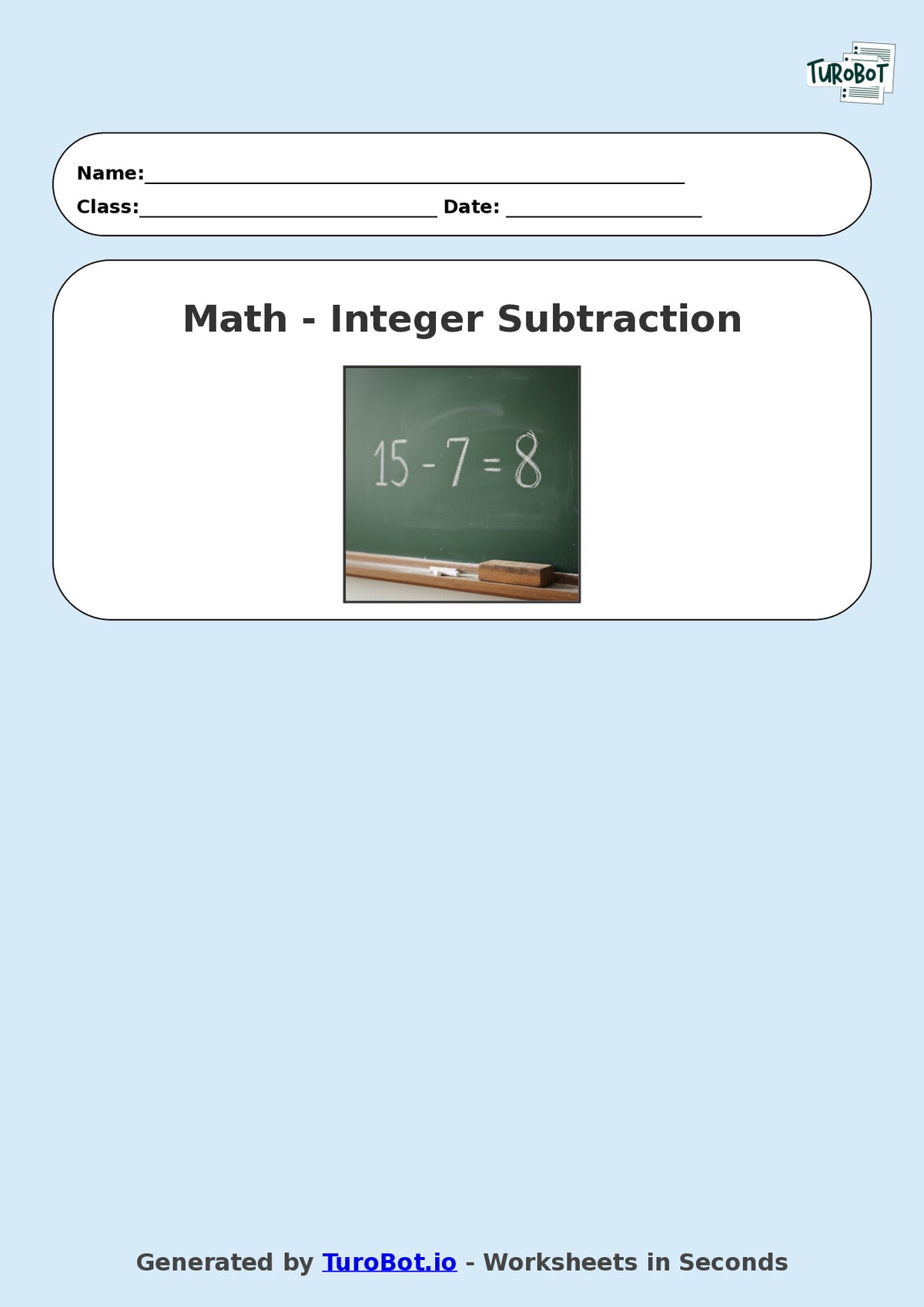 Year 9 Math Worksheet – Integer Subtraction 2