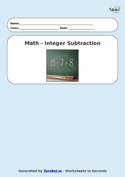 Year 9 Math Worksheet – Integer Subtraction 2