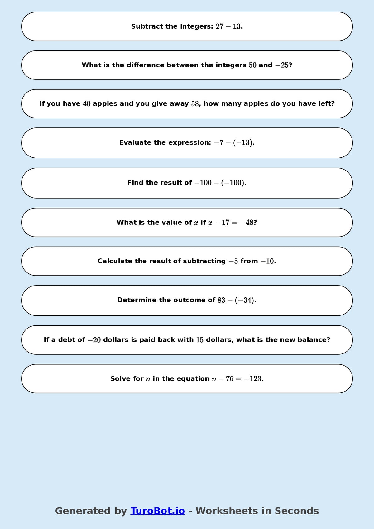 Year 9 Math Worksheet – Integer Subtraction 2