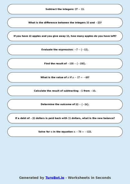 Year 9 Math Worksheet – Integer Subtraction 2