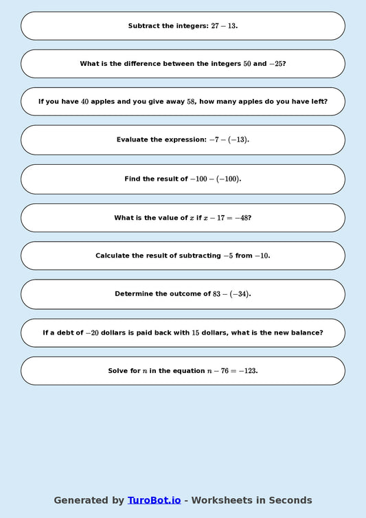 Year 9 Math Worksheet – Integer Subtraction 2