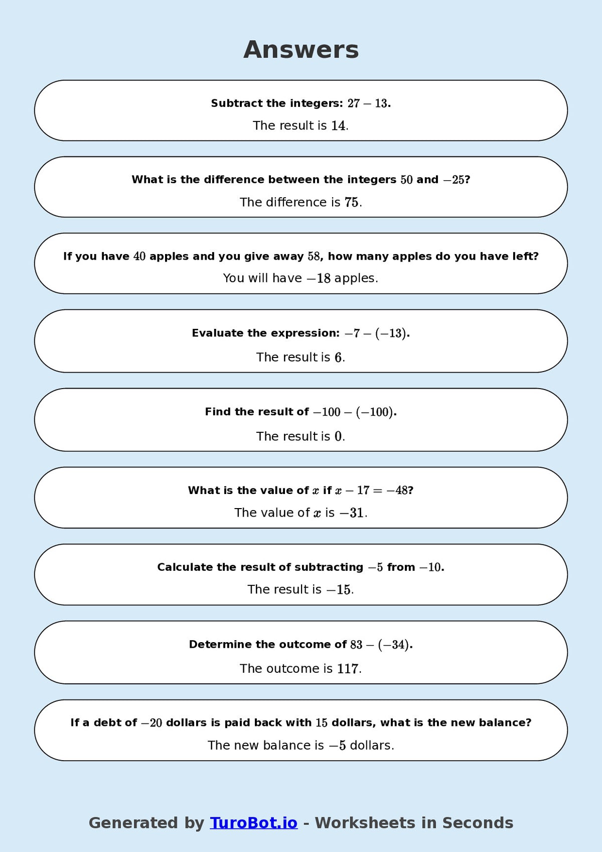 Year 9 Math Worksheet – Integer Subtraction 2