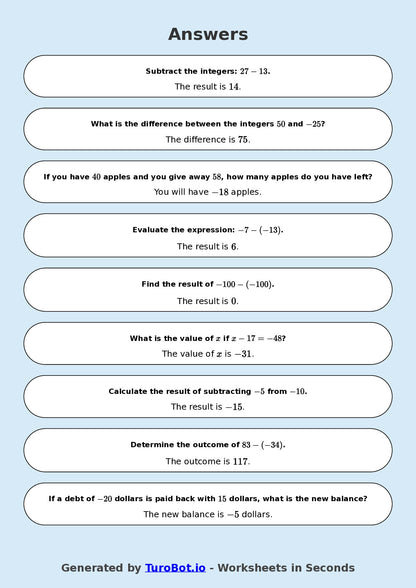 Year 9 Math Worksheet – Integer Subtraction 2