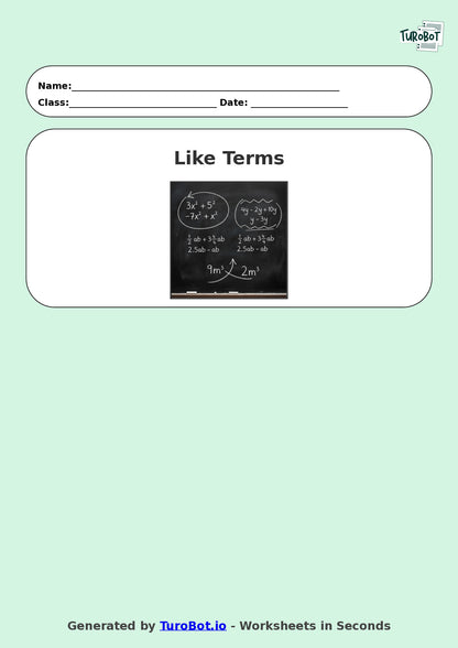 Year 9 Math Worksheet – Like Terms Practice 2
