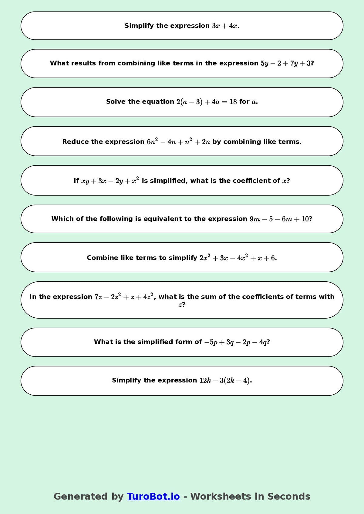 Year 9 Math Worksheet – Like Terms Practice 2