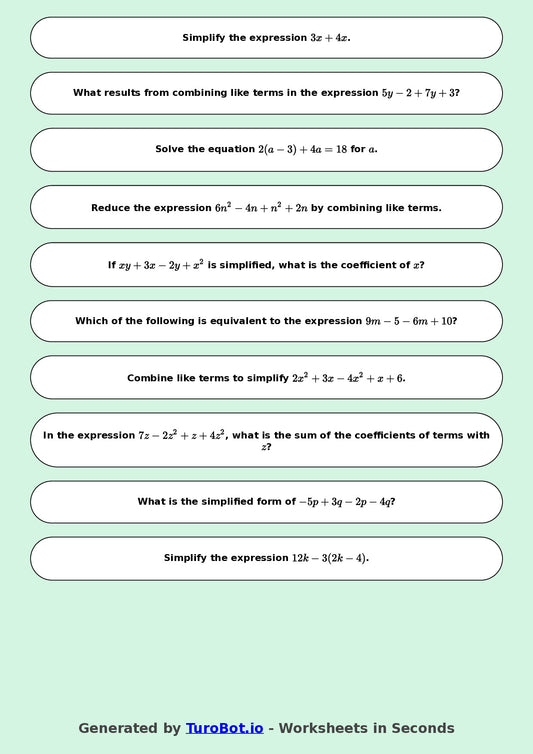 Year 9 Math Worksheet – Like Terms Practice 2