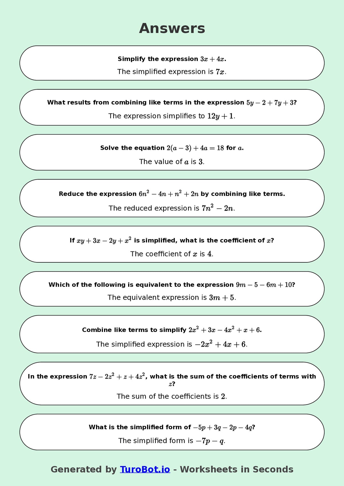 Year 9 Math Worksheet – Like Terms Practice 2