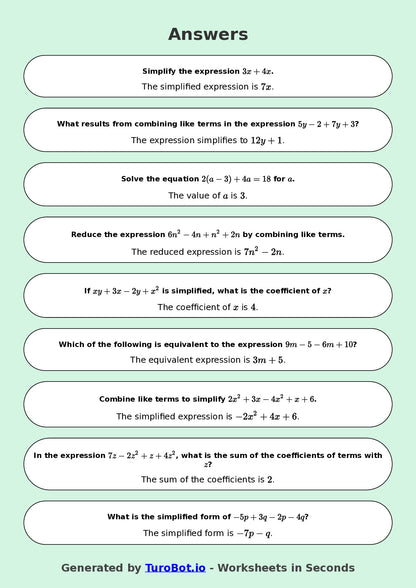 Year 9 Math Worksheet – Like Terms Practice 2