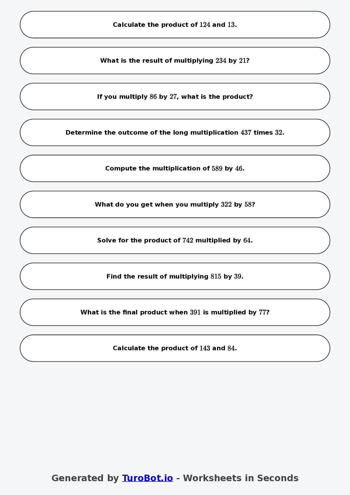 Year 9 Math Worksheet – Long Multiplication