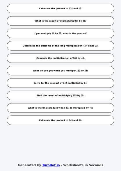 Year 9 Math Worksheet – Long Multiplication
