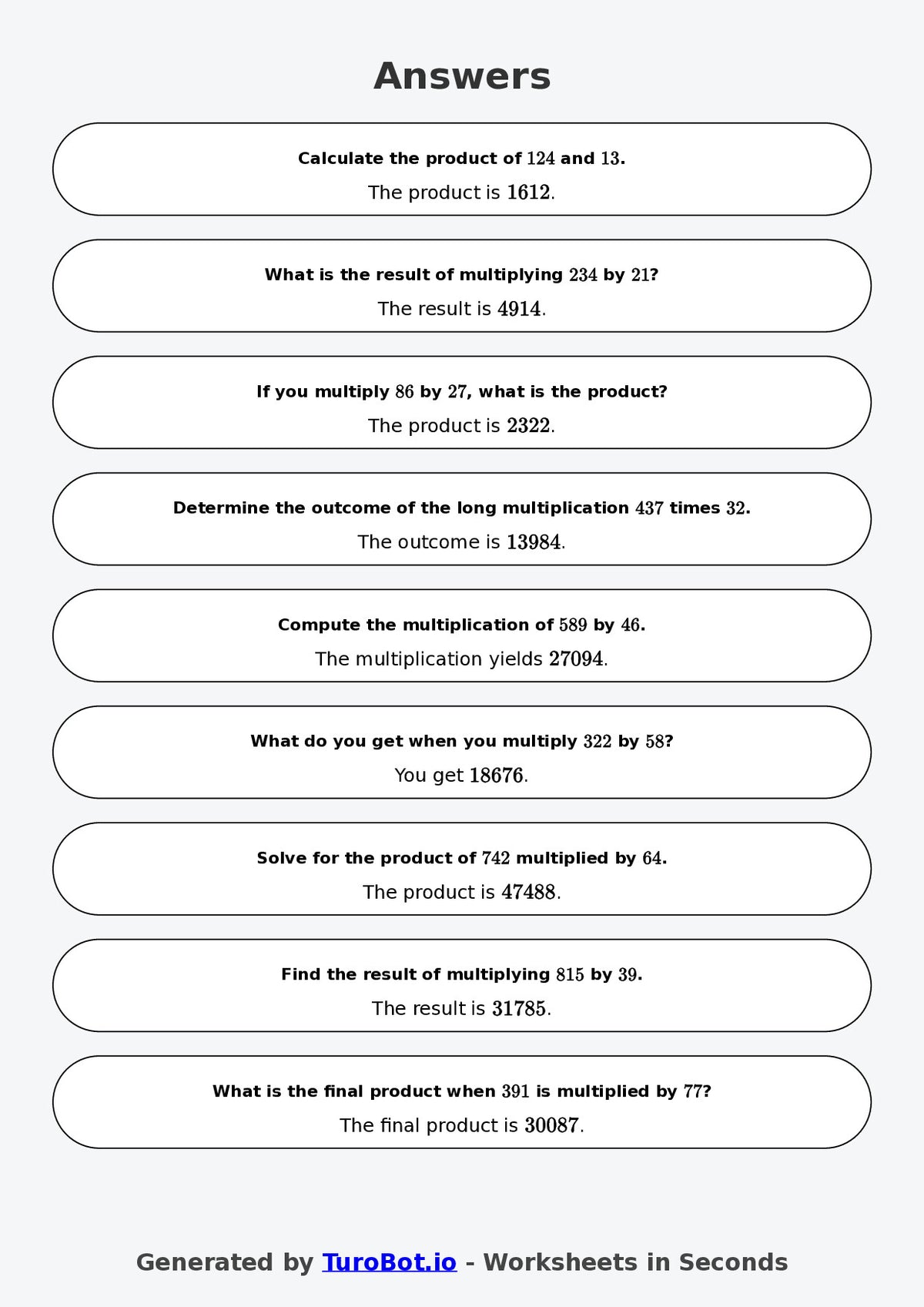 Year 9 Math Worksheet – Long Multiplication