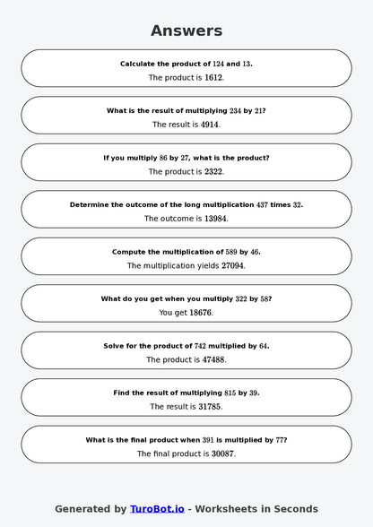 Year 9 Math Worksheet – Long Multiplication