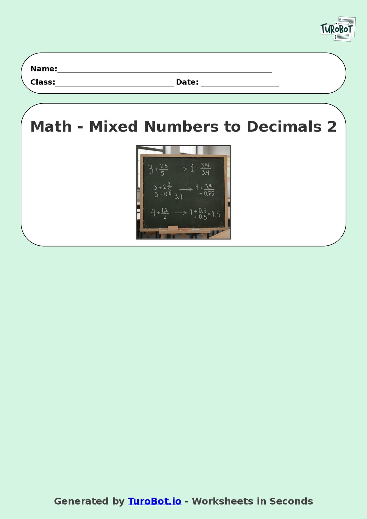 Year 9 Math Worksheet – Mixed Numbers to Decimals 2