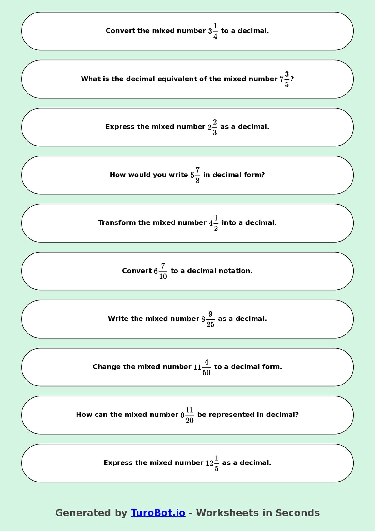 Year 9 Math Worksheet – Mixed Numbers to Decimals 2