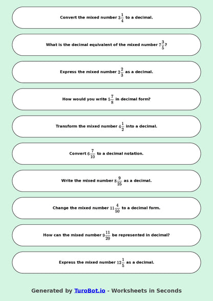 Year 9 Math Worksheet – Mixed Numbers to Decimals 2