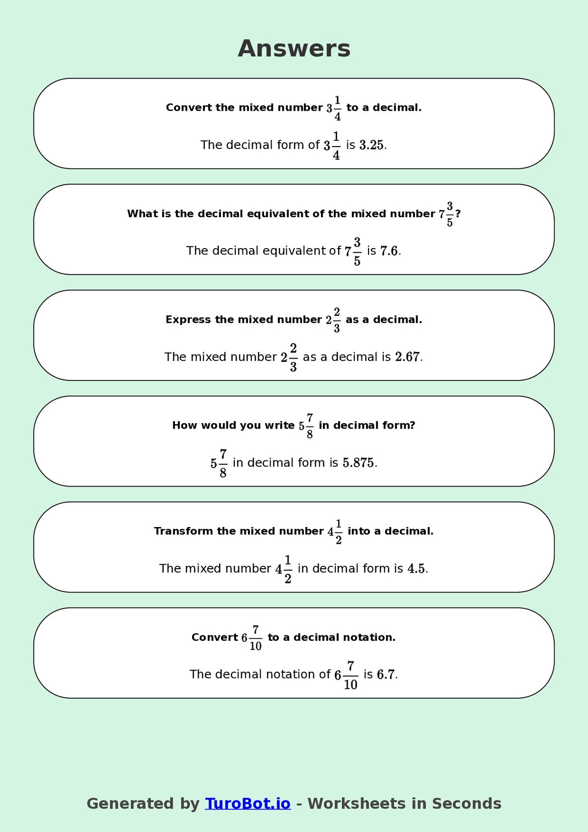 Year 9 Math Worksheet – Mixed Numbers to Decimals 2