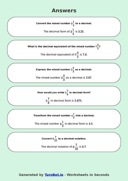 Year 9 Math Worksheet – Mixed Numbers to Decimals 2