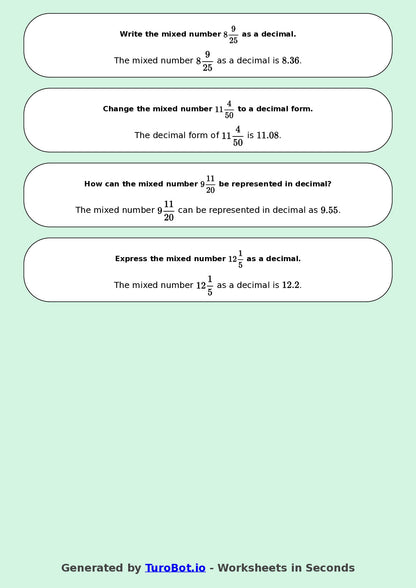 Year 9 Math Worksheet – Mixed Numbers to Decimals 2
