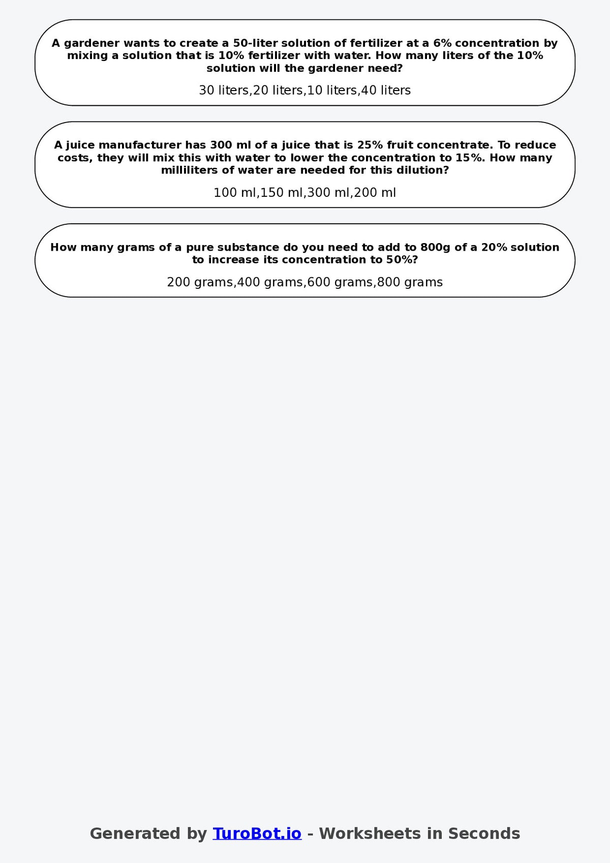 Year 9 Math Worksheet – Mixture and Concentration Problems