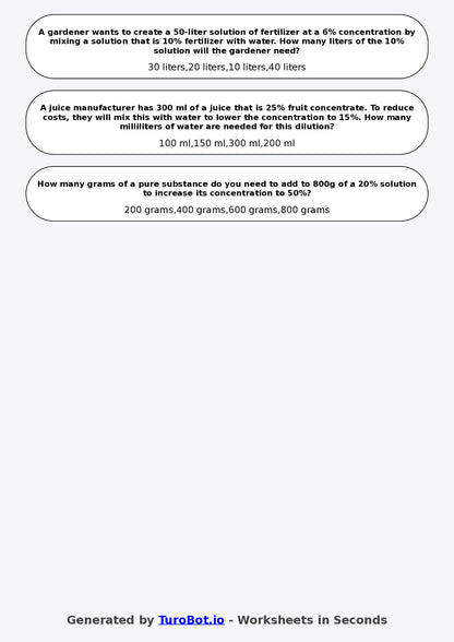 Year 9 Math Worksheet – Mixture and Concentration Problems