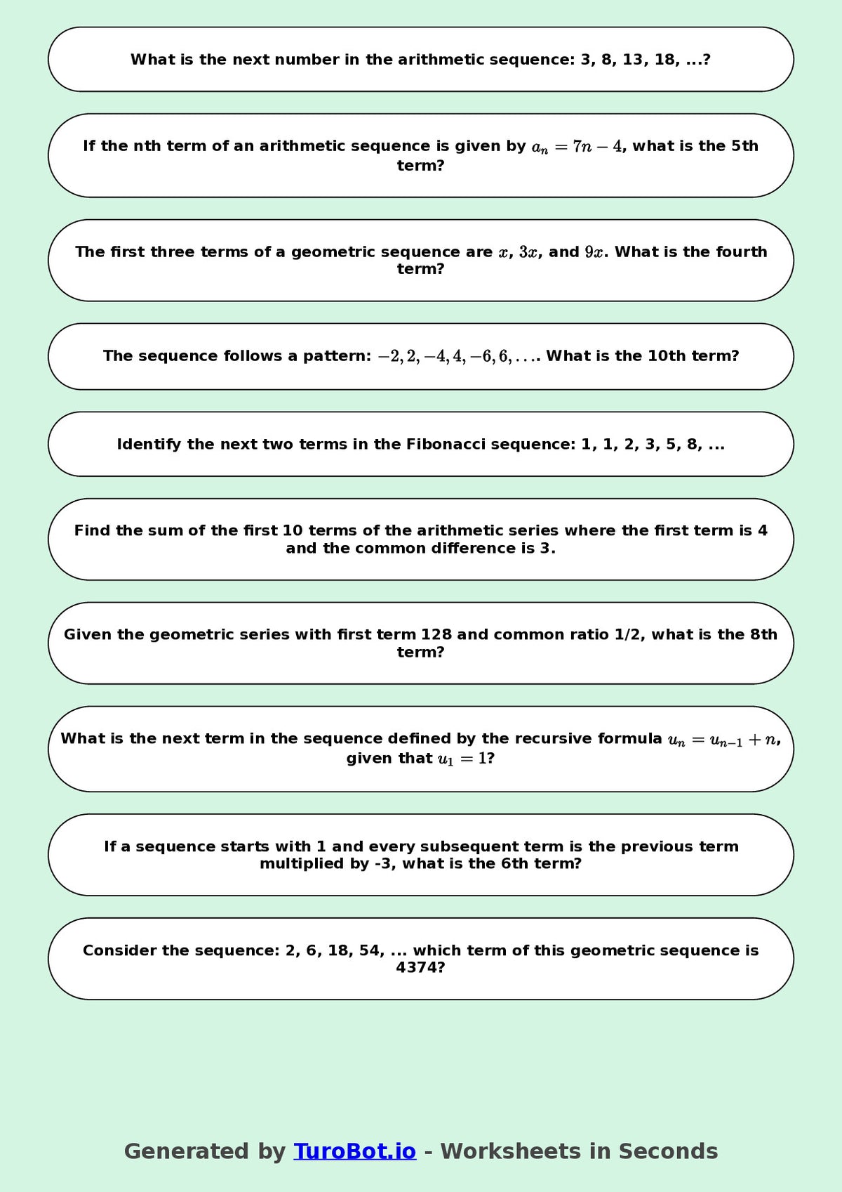 Year 9 Math Multiple Choice Worksheet – Number Patterns and Sequences 2