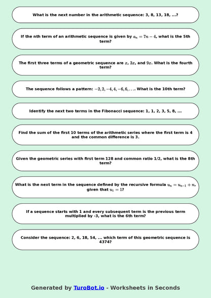 Year 9 Math Multiple Choice Worksheet – Number Patterns and Sequences 2