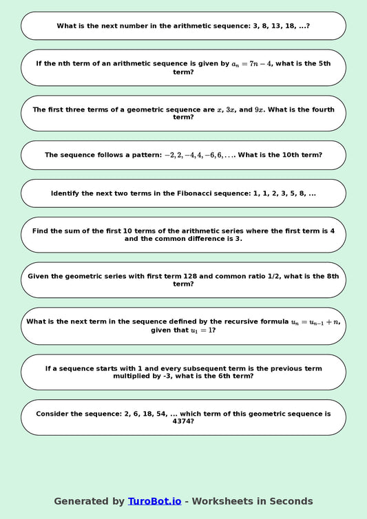 Year 9 Math Multiple Choice Worksheet – Number Patterns and Sequences 2
