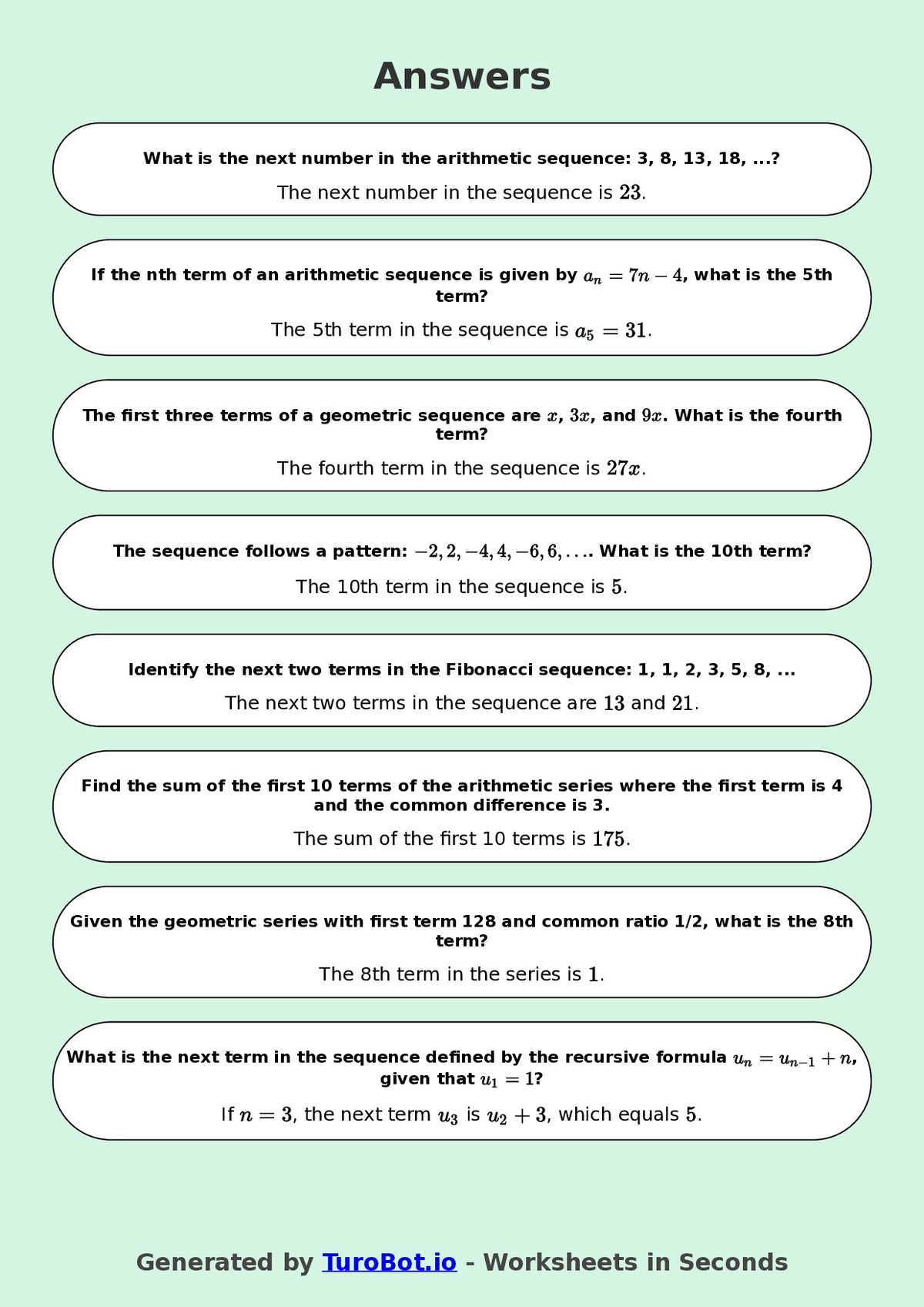 Year 9 Math Multiple Choice Worksheet – Number Patterns and Sequences 2
