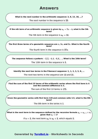 Year 9 Math Multiple Choice Worksheet – Number Patterns and Sequences 2