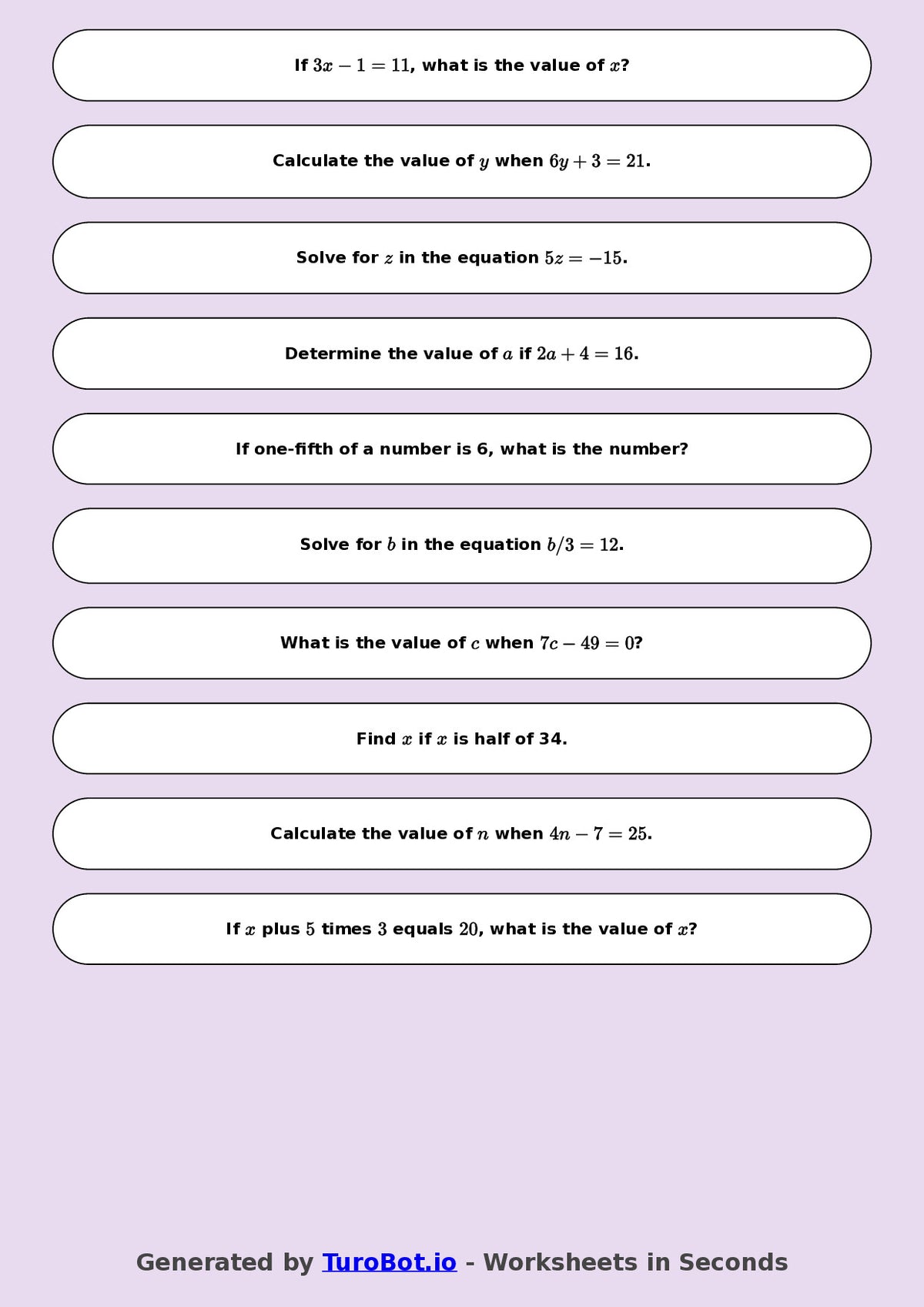 Year 9 Math Worksheet – One-Step Equations
