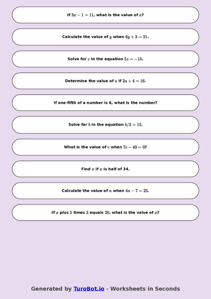 Year 9 Math Worksheet – One-Step Equations