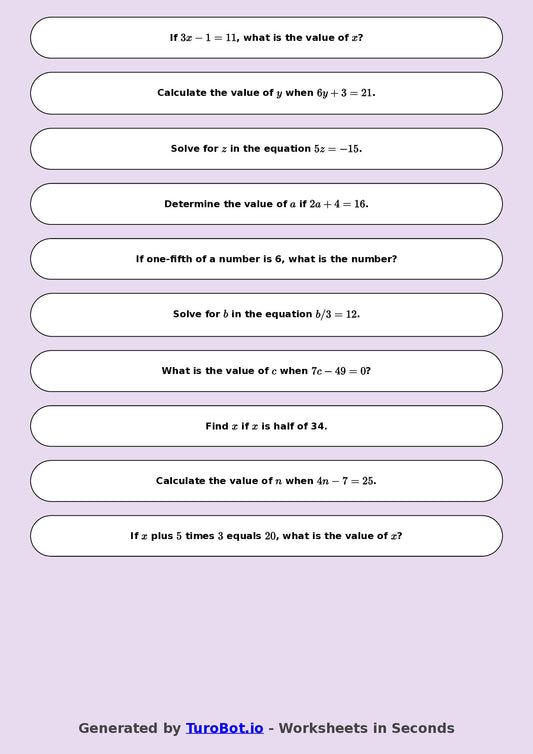 Year 9 Math Worksheet – One-Step Equations
