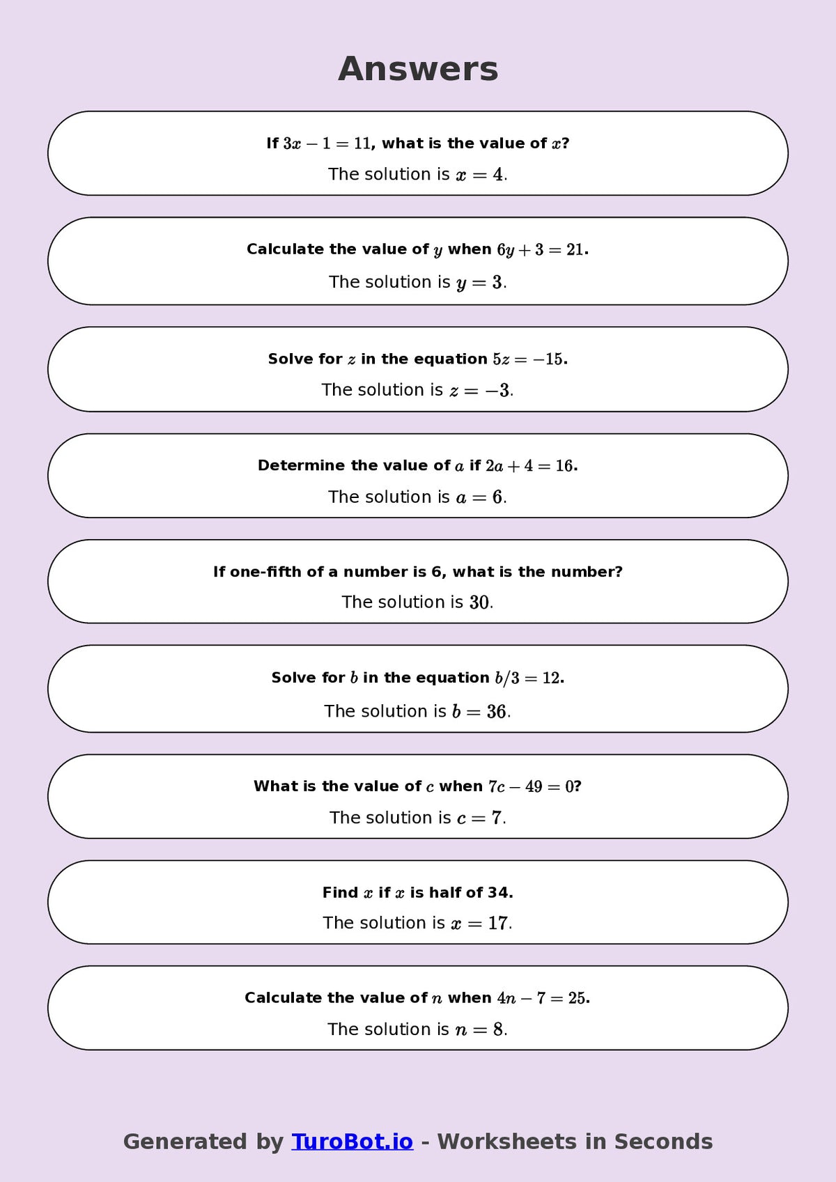 Year 9 Math Worksheet – One-Step Equations