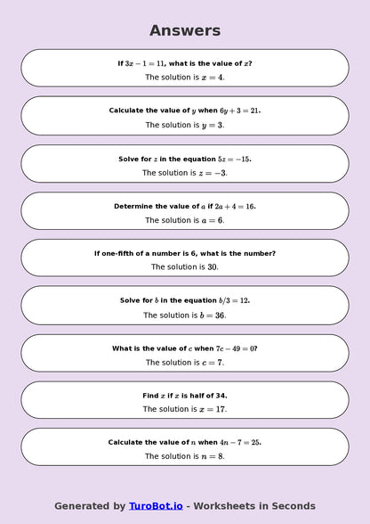 Year 9 Math Worksheet – One-Step Equations