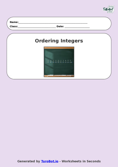 Year 9 Math Worksheet – Ordering Integers